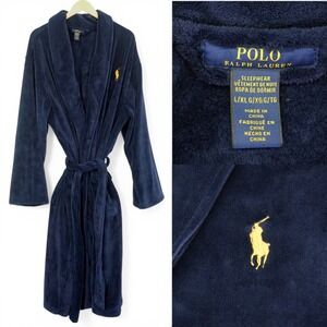 Polo Ralph Lauren Robe L/XL Navy Blue Fleece Shawl Collar Gold Pony Loungewear